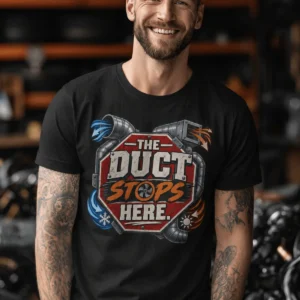 The Duct Stops Here T-Shirt — HVAC Technician Funny Logo Tee — black t-shirt, model photo | Pressure Tested Co