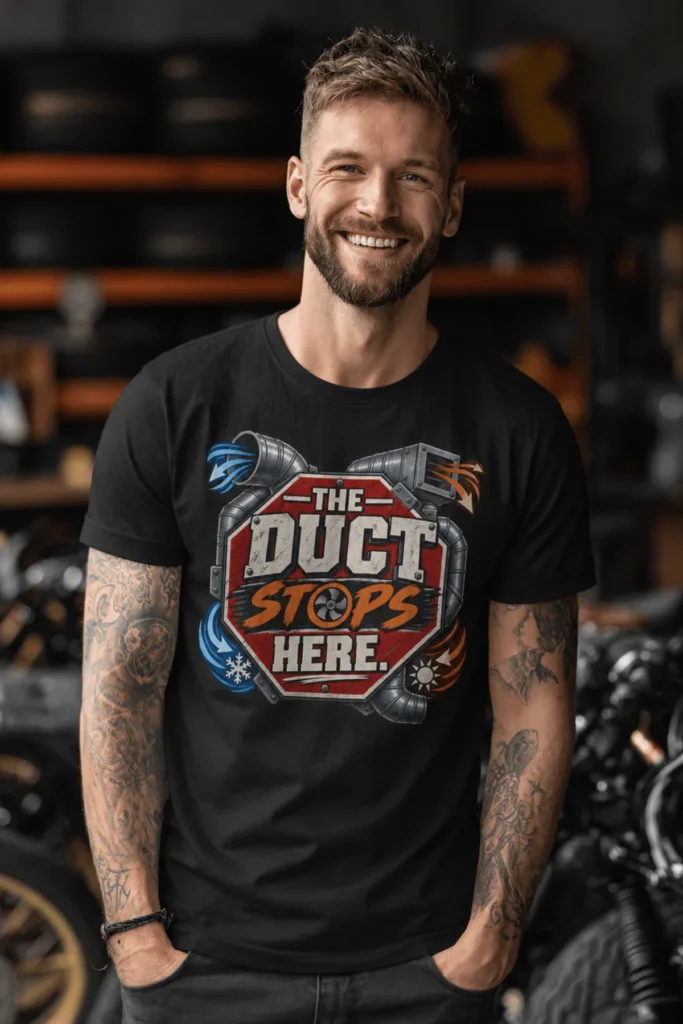 The Duct Stops Here T-Shirt — HVAC Technician Funny Logo Tee — black t-shirt, model photo | Pressure Tested Co