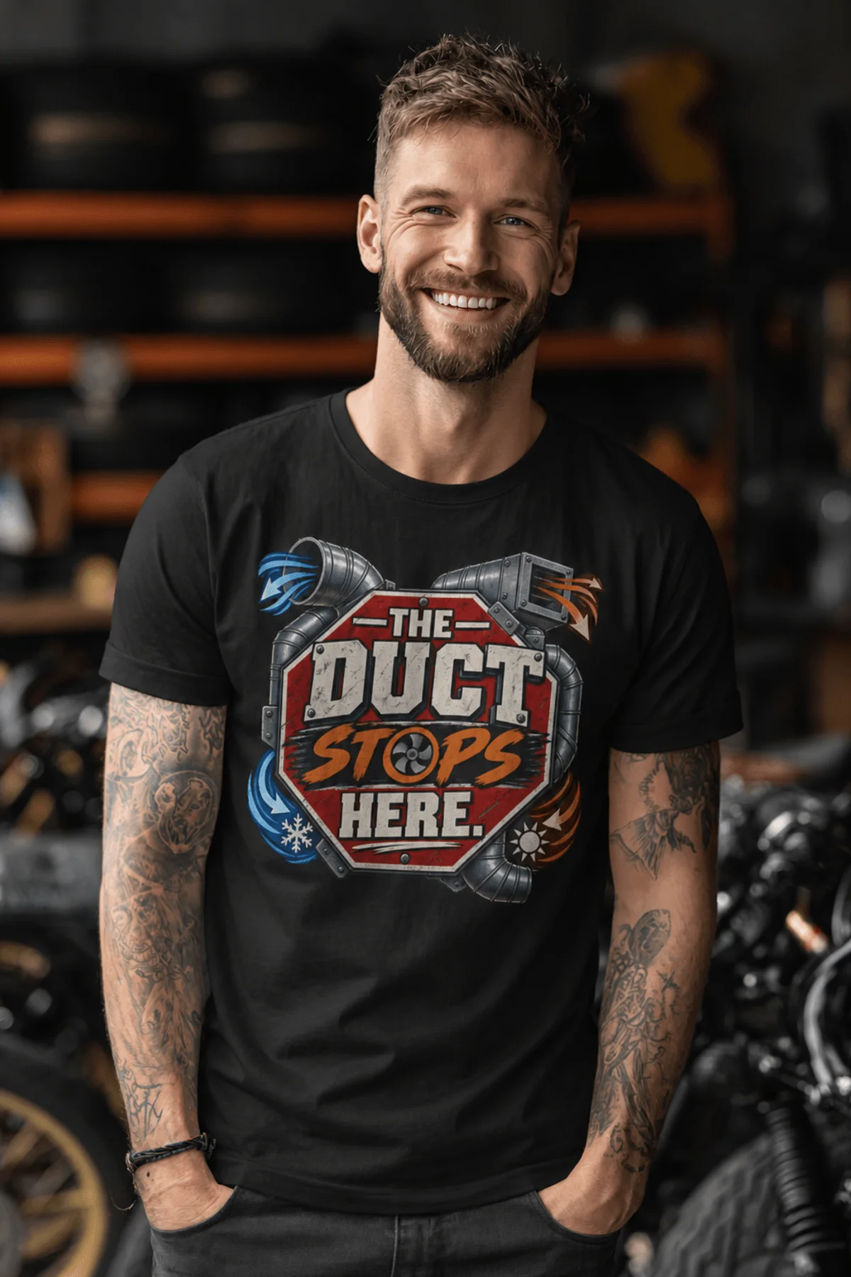 The Duct Stops Here T-Shirt — HVAC Technician Funny Logo Tee — black t-shirt, model photo | Pressure Tested Co