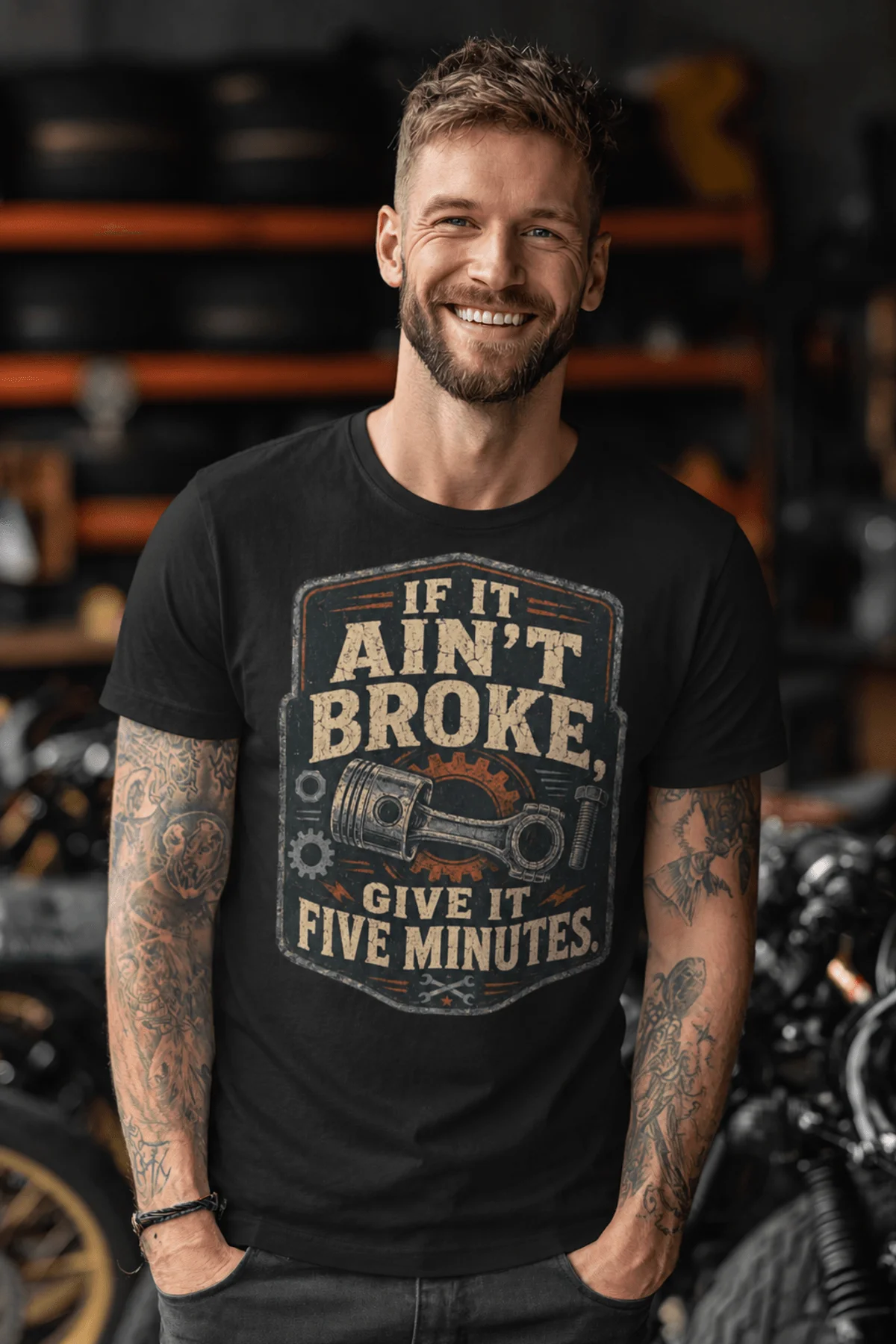 T-Shirt — "If It Ain't Broke, Give It Five Minutes" Vintage Mechanic Tee — black t-shirt, model photo | Pressure Tested Co