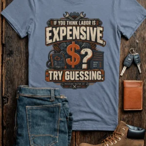 Sarcastic T-Shirt — "If You Think Labor Is Expensive, Try Guessing" Vintage Trades Tee — blue-jean t-shirt, flat-lay product photo | Pressure Tested Co