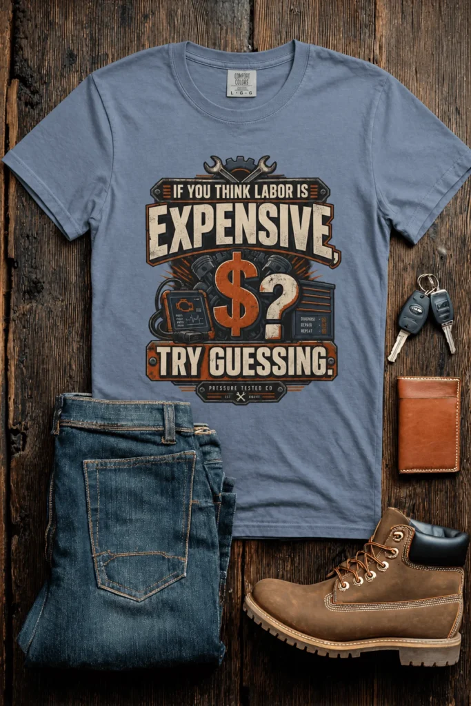 Sarcastic T-Shirt — "If You Think Labor Is Expensive, Try Guessing" Vintage Trades Tee — blue-jean t-shirt, flat-lay product photo | Pressure Tested Co