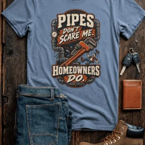 Plumber Humor T-Shirt — “Pipes Don't Scare Me, Homeowners Do” Graphic Pipe Tee — blue-jean t-shirt, flat-lay product photo | Pressure Tested Co