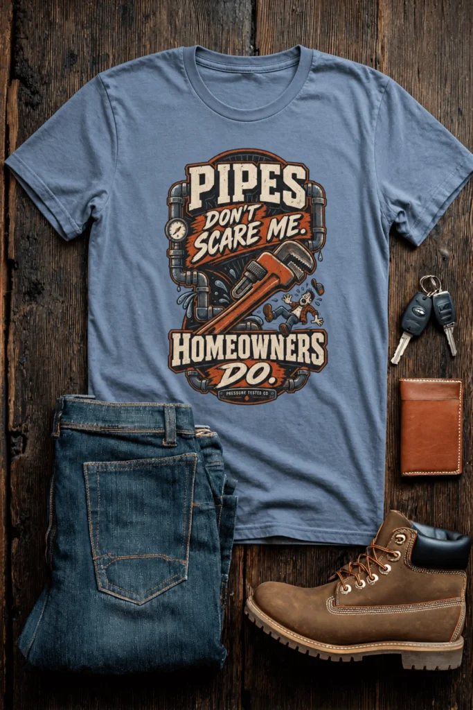 Plumber Humor T-Shirt — “Pipes Don't Scare Me, Homeowners Do” Graphic Pipe Tee — blue-jean t-shirt, flat-lay product photo | Pressure Tested Co