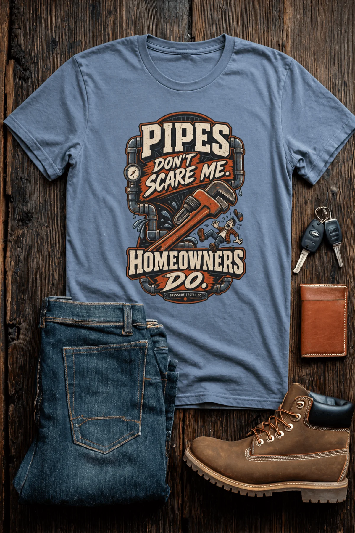 Plumber Humor T-Shirt — “Pipes Don't Scare Me, Homeowners Do” Graphic Pipe Tee — blue-jean t-shirt, flat-lay product photo | Pressure Tested Co