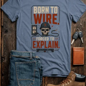 Electrician T-Shirt — "Born to Wire, Forced to Explain" Vintage Skull Tee — blue-jean t-shirt, flat-lay product photo | Pressure Tested Co