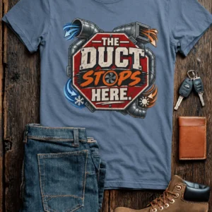 The Duct Stops Here T-Shirt — HVAC Technician Funny Logo Tee — blue-jean t-shirt, flat-lay product photo | Pressure Tested Co