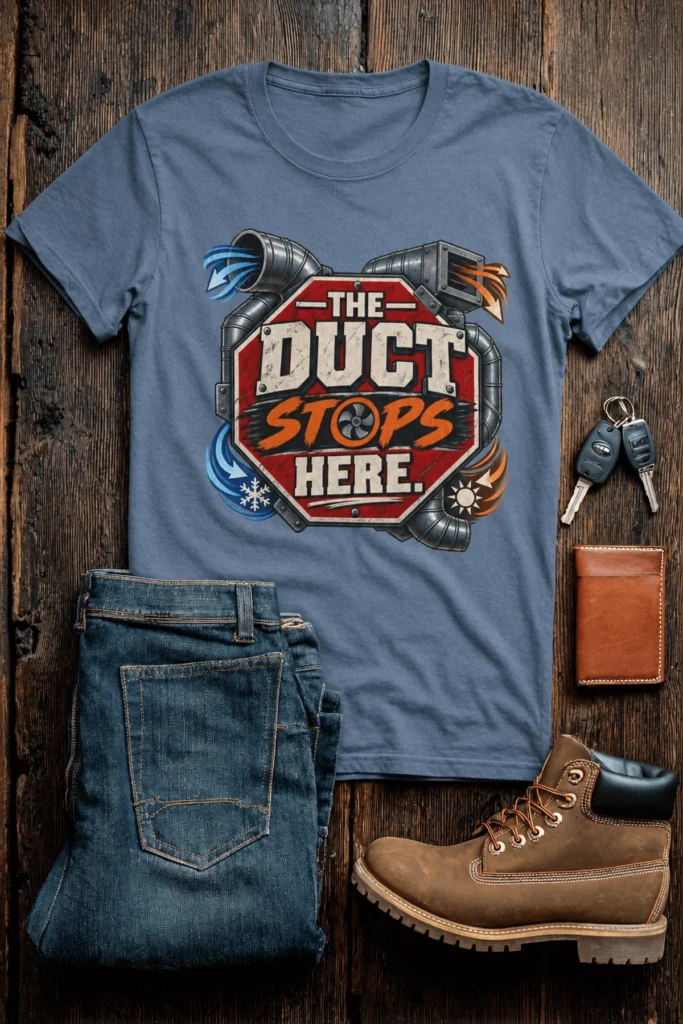 The Duct Stops Here T-Shirt — HVAC Technician Funny Logo Tee — blue-jean t-shirt, flat-lay product photo | Pressure Tested Co