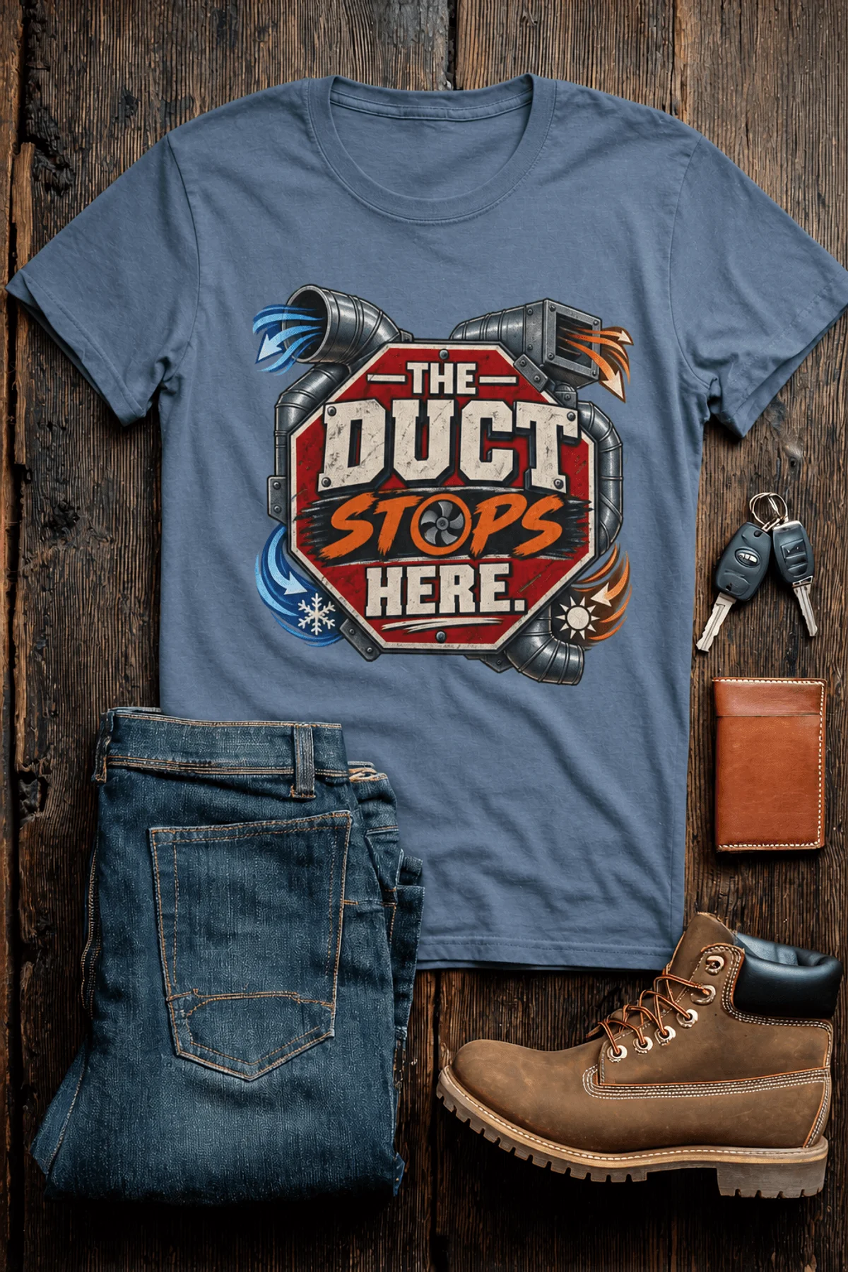 The Duct Stops Here T-Shirt — HVAC Technician Funny Logo Tee — blue-jean t-shirt, flat-lay product photo | Pressure Tested Co