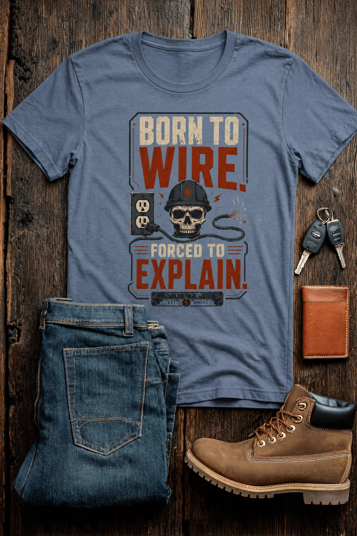 Electrician T-Shirt — "Born to Wire, Forced to Explain" Vintage Skull Tee — blue-jean t-shirt, flat-lay product photo | Pressure Tested Co