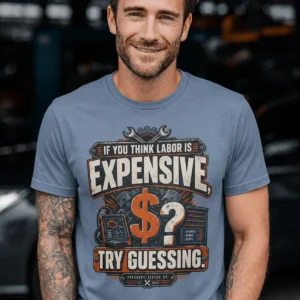 Sarcastic T-Shirt — "If You Think Labor Is Expensive, Try Guessing" Vintage Trades Tee — blue-jean t-shirt, model photo | Pressure Tested Co