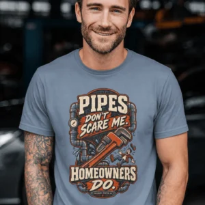 Plumber Humor T-Shirt — “Pipes Don't Scare Me, Homeowners Do” Graphic Pipe Tee — blue-jean t-shirt, model photo | Pressure Tested Co