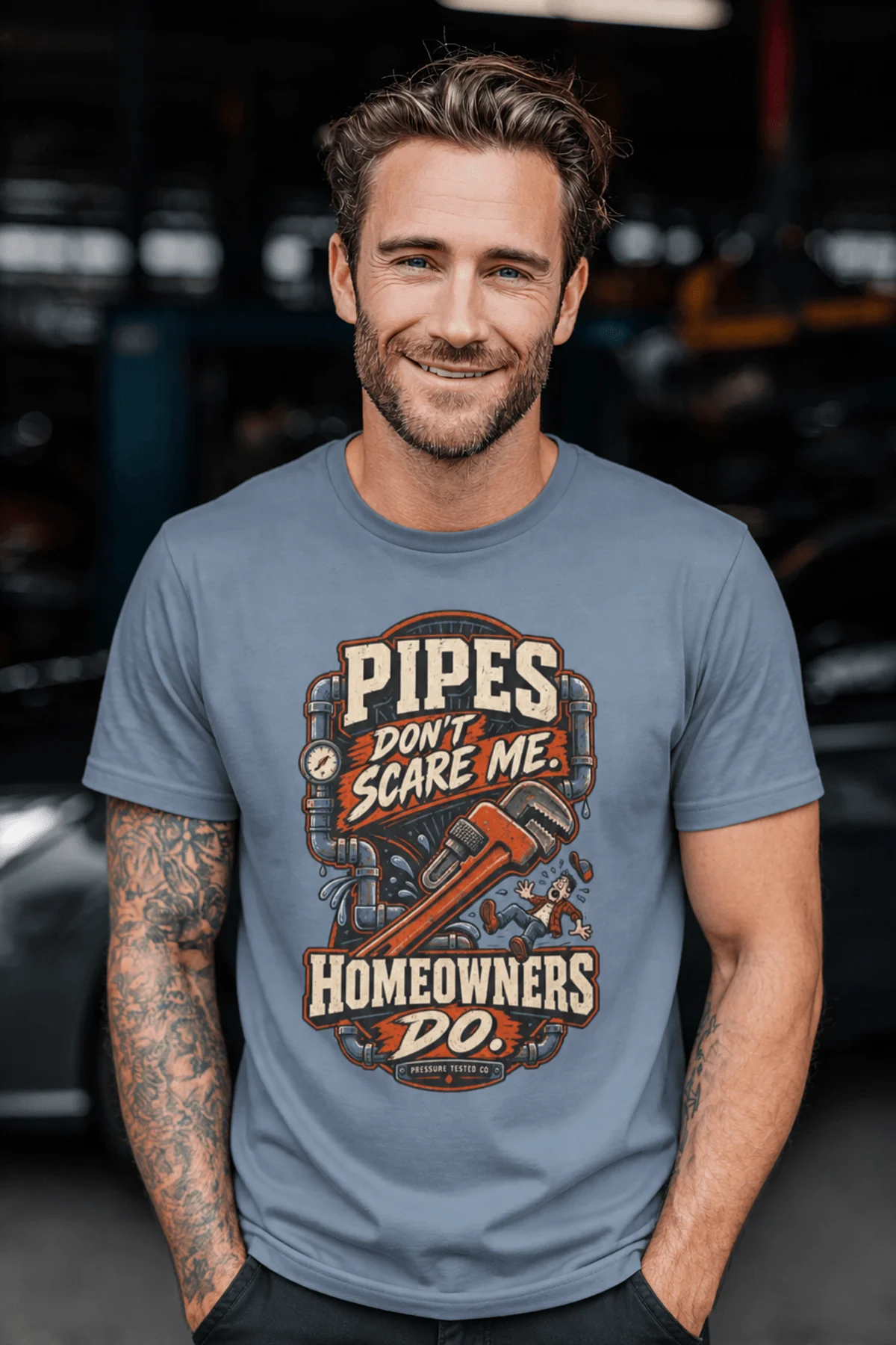 Plumber Humor T-Shirt — “Pipes Don't Scare Me, Homeowners Do” Graphic Pipe Tee — blue-jean t-shirt, model photo | Pressure Tested Co