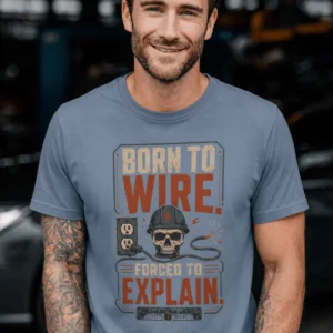 Electrician T-Shirt — "Born to Wire, Forced to Explain" Vintage Skull Tee — blue-jean t-shirt, model photo | Pressure Tested Co