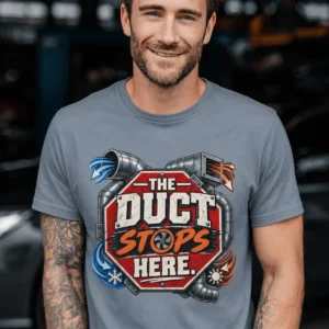 The Duct Stops Here T-Shirt — HVAC Technician Funny Logo Tee — blue-jean t-shirt, model photo | Pressure Tested Co