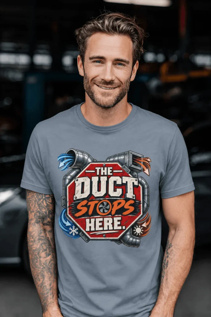 The Duct Stops Here T-Shirt — HVAC Technician Funny Logo Tee — blue-jean t-shirt, model photo | Pressure Tested Co