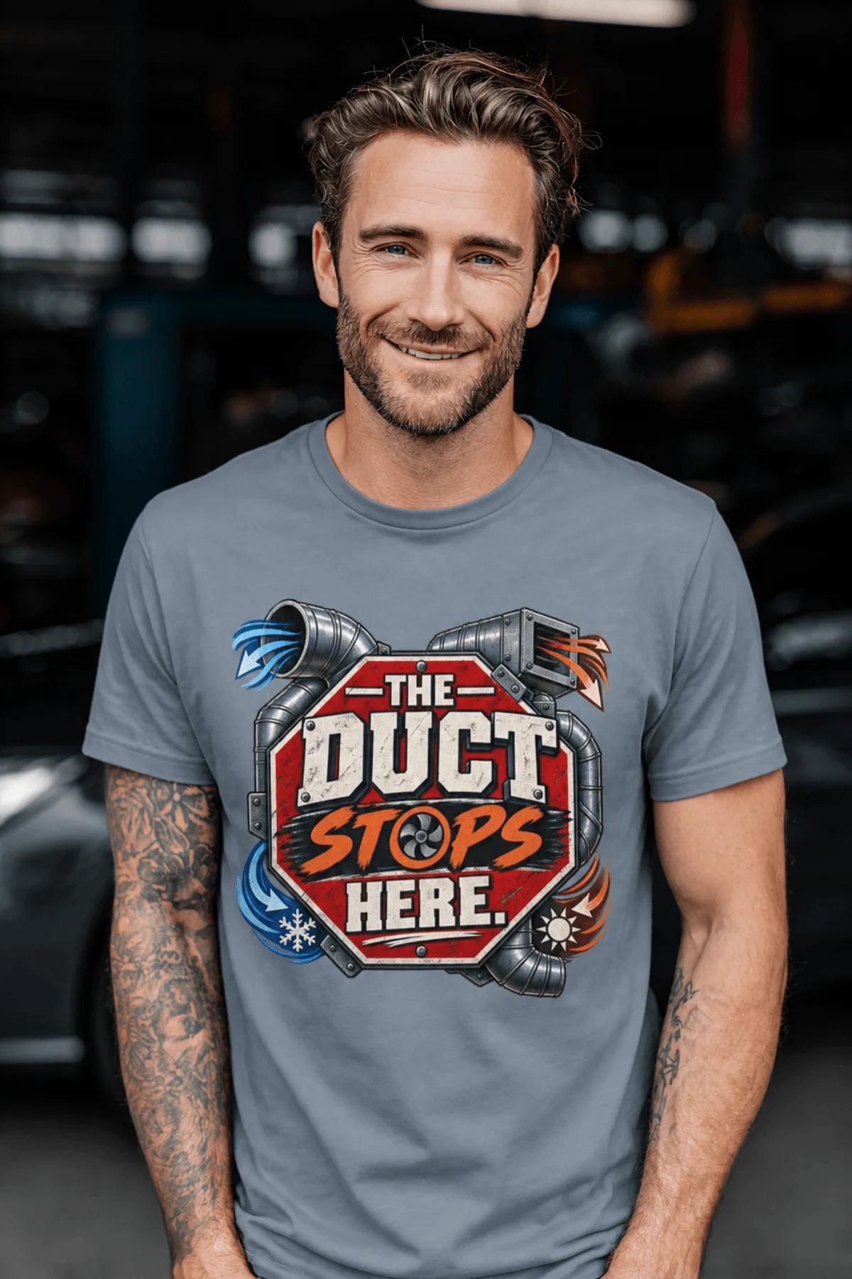 The Duct Stops Here T-Shirt — HVAC Technician Funny Logo Tee — blue-jean t-shirt, model photo | Pressure Tested Co