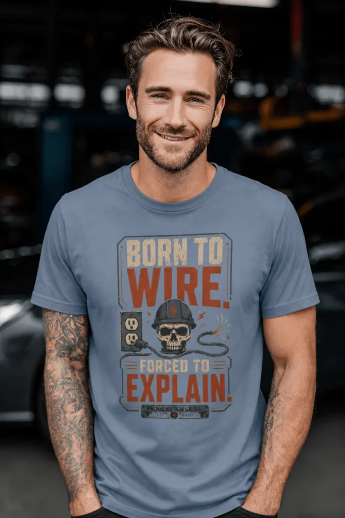 Electrician T-Shirt — "Born to Wire, Forced to Explain" Vintage Skull Tee — blue-jean t-shirt, model photo | Pressure Tested Co