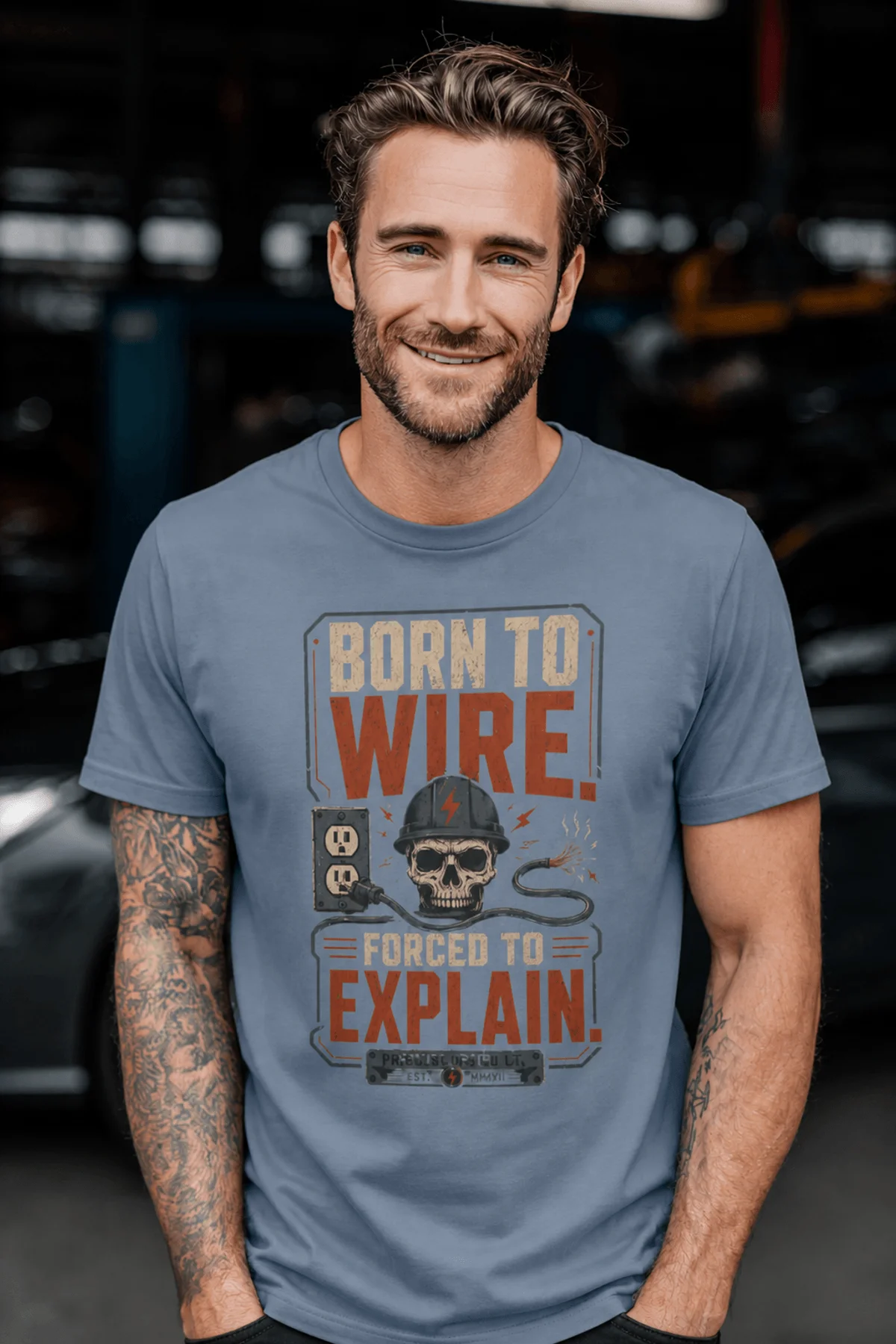 Electrician T-Shirt — "Born to Wire, Forced to Explain" Vintage Skull Tee — blue-jean t-shirt, model photo | Pressure Tested Co