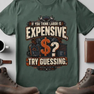 Sarcastic T-Shirt — "If You Think Labor Is Expensive, Try Guessing" Vintage Trades Tee — blue-spruce t-shirt, flat-lay product photo | Pressure Tested Co