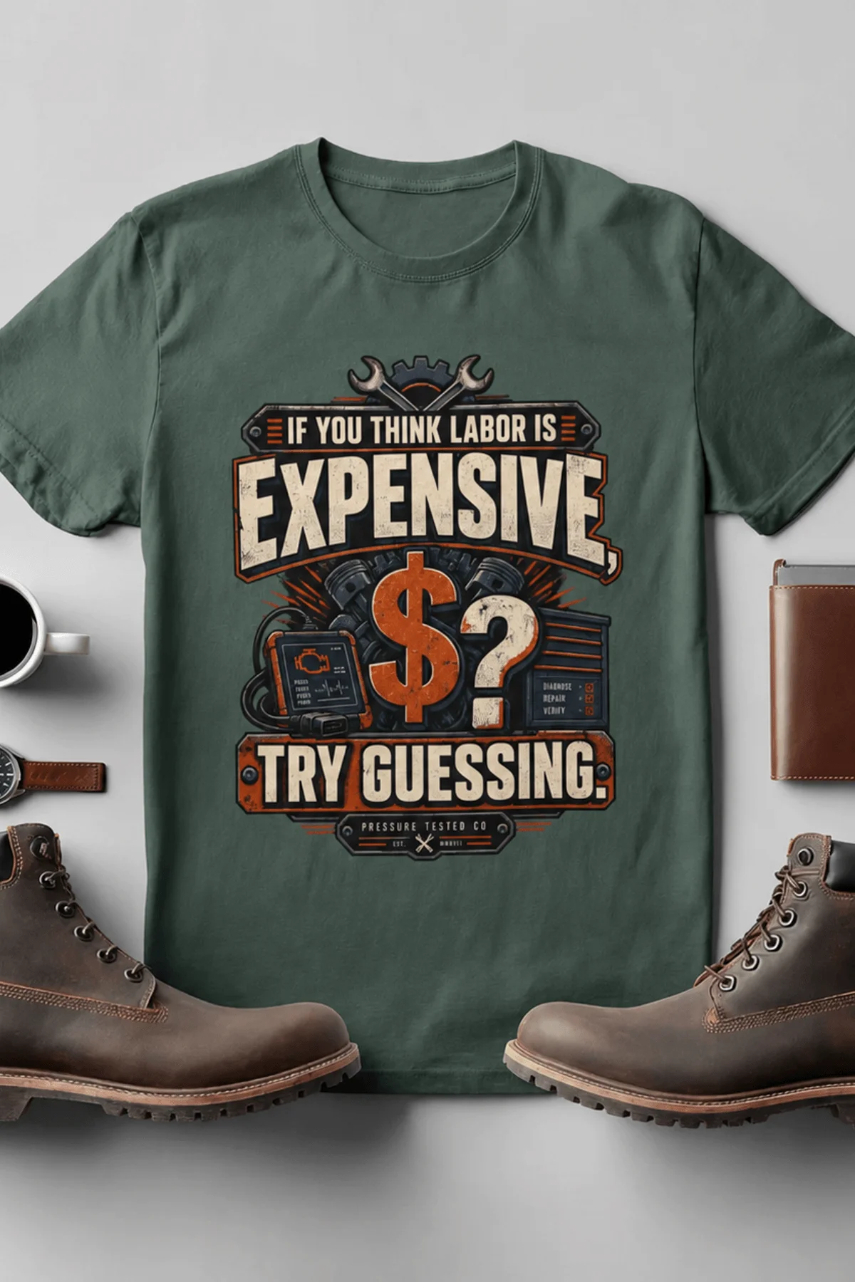 Sarcastic T-Shirt — "If You Think Labor Is Expensive, Try Guessing" Vintage Trades Tee — blue-spruce t-shirt, flat-lay product photo | Pressure Tested Co