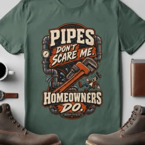 Plumber Humor T-Shirt — “Pipes Don't Scare Me, Homeowners Do” Graphic Pipe Tee — blue-spruce t-shirt, flat-lay product photo | Pressure Tested Co