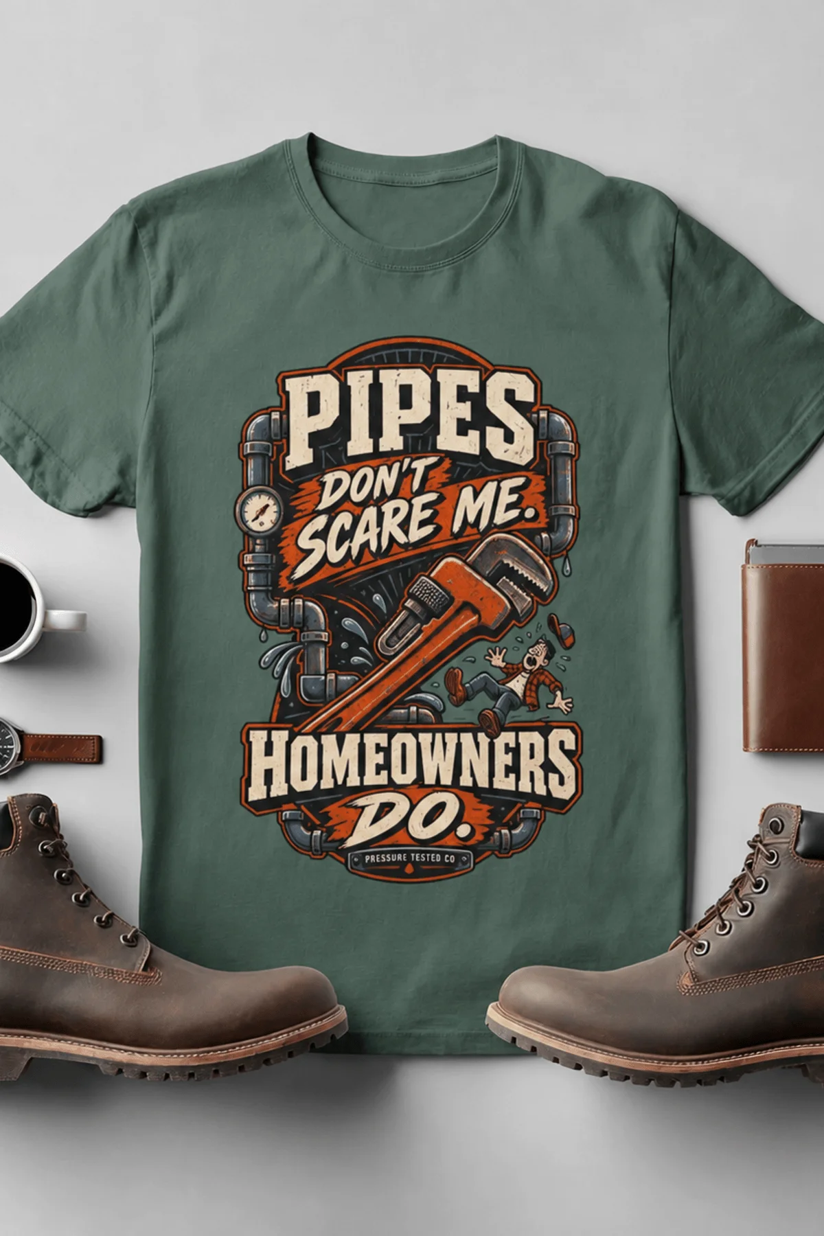 Plumber Humor T-Shirt — “Pipes Don't Scare Me, Homeowners Do” Graphic Pipe Tee — blue-spruce t-shirt, flat-lay product photo | Pressure Tested Co