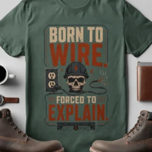 Electrician T-Shirt — "Born to Wire, Forced to Explain" Vintage Skull Tee — blue-spruce t-shirt, flat-lay product photo | Pressure Tested Co
