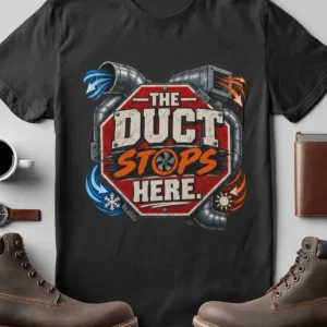 The Duct Stops Here T-Shirt — HVAC Technician Funny Logo Tee — blue-spruce t-shirt, flat-lay product photo | Pressure Tested Co