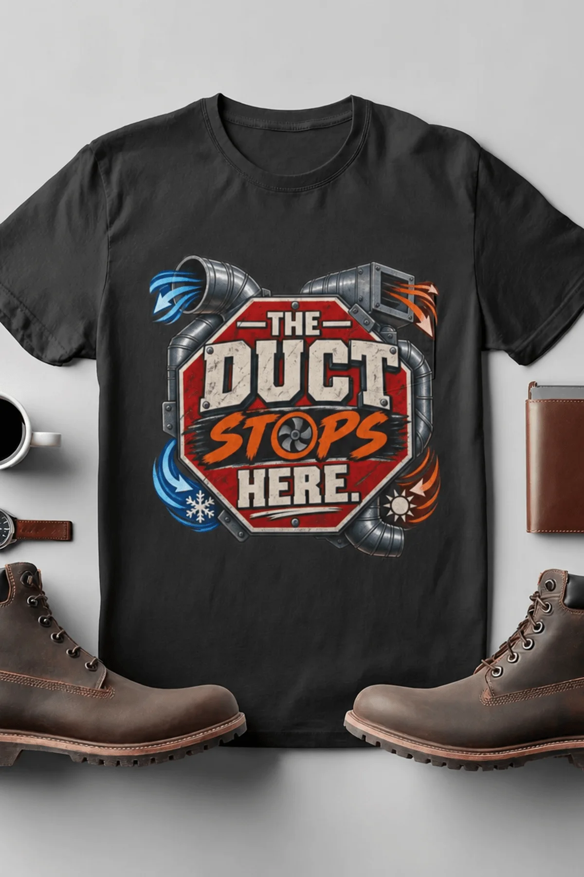The Duct Stops Here T-Shirt — HVAC Technician Funny Logo Tee — blue-spruce t-shirt, flat-lay product photo | Pressure Tested Co