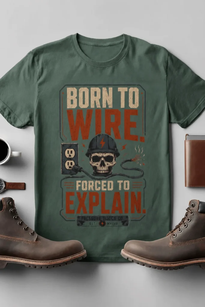 Electrician T-Shirt — "Born to Wire, Forced to Explain" Vintage Skull Tee — blue-spruce t-shirt, flat-lay product photo | Pressure Tested Co
