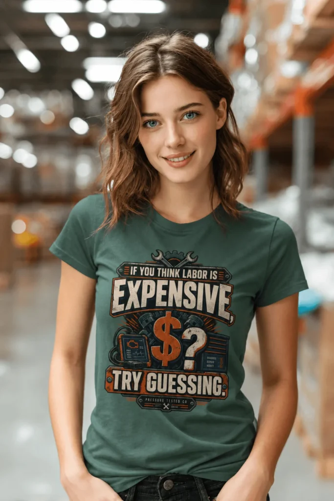 Sarcastic T-Shirt — "If You Think Labor Is Expensive, Try Guessing" Vintage Trades Tee — blue-spruce t-shirt, model photo | Pressure Tested Co