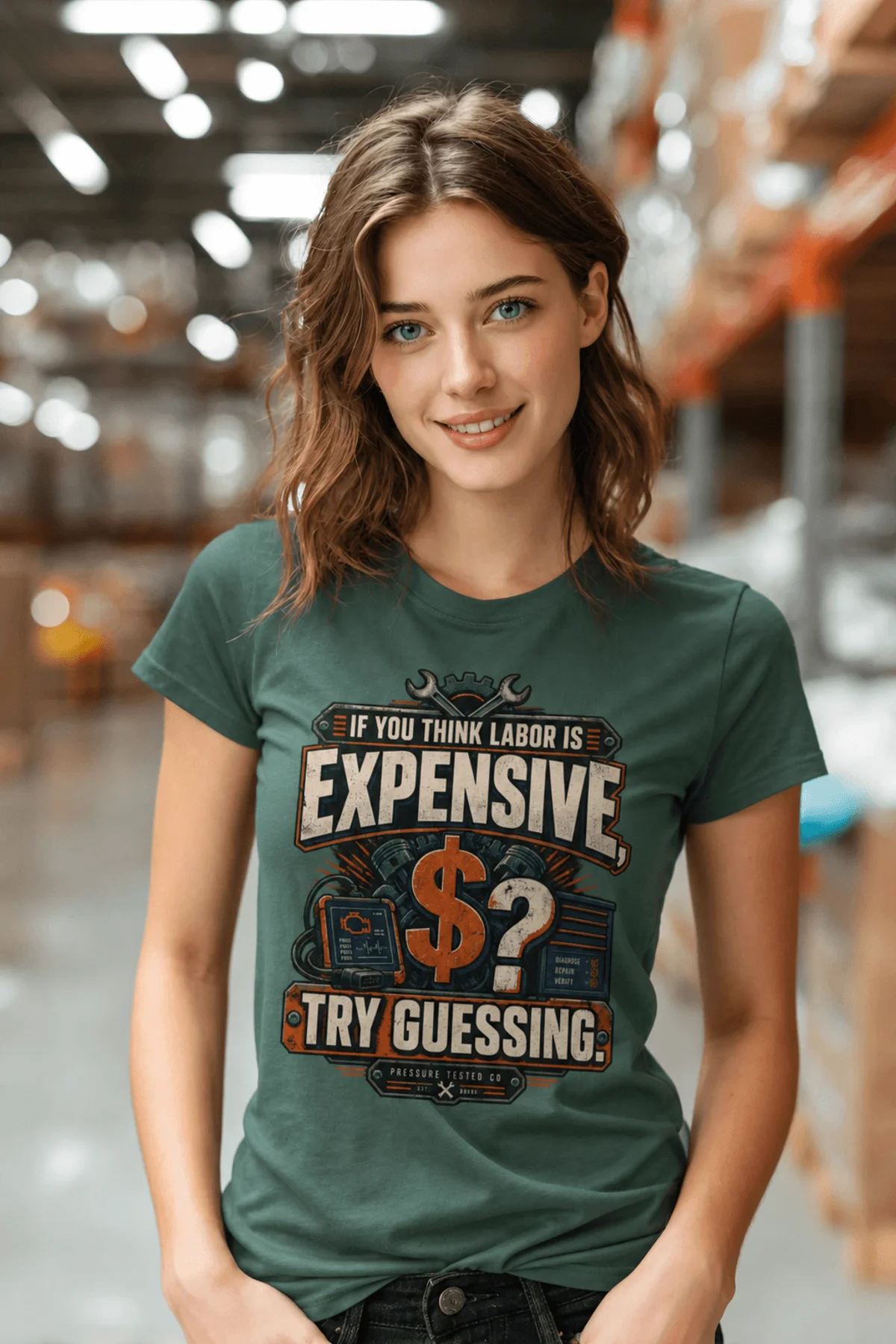 Sarcastic T-Shirt — "If You Think Labor Is Expensive, Try Guessing" Vintage Trades Tee — blue-spruce t-shirt, model photo | Pressure Tested Co