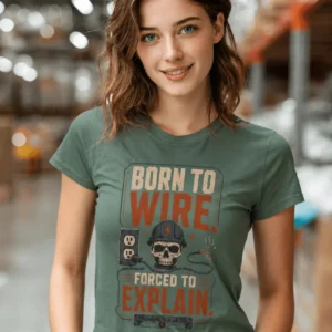 Electrician T-Shirt — "Born to Wire, Forced to Explain" Vintage Skull Tee — blue-spruce t-shirt, model photo | Pressure Tested Co