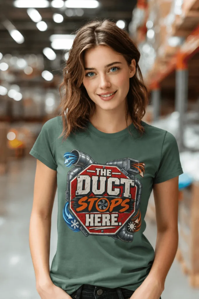 The Duct Stops Here T-Shirt — HVAC Technician Funny Logo Tee — blue-spruce t-shirt, model photo | Pressure Tested Co