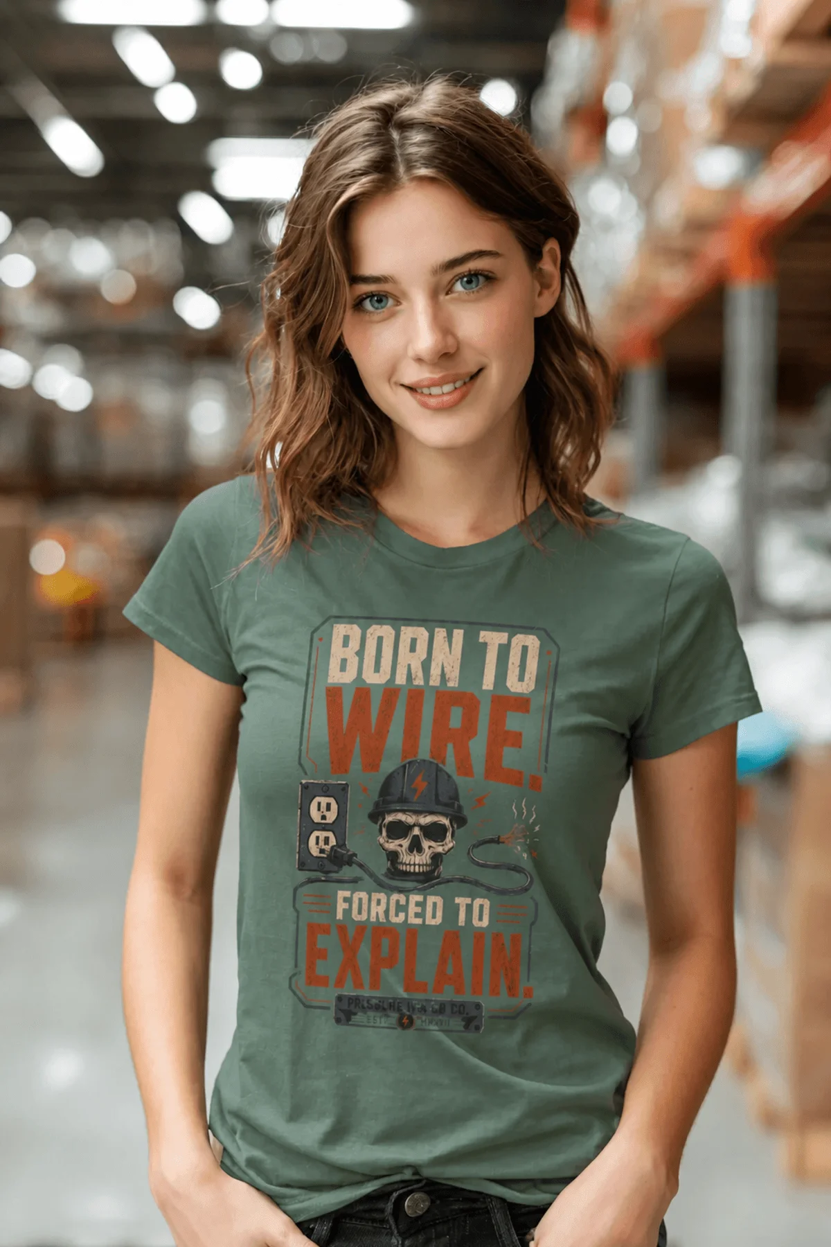 Electrician T-Shirt — "Born to Wire, Forced to Explain" Vintage Skull Tee — blue-spruce t-shirt, model photo | Pressure Tested Co