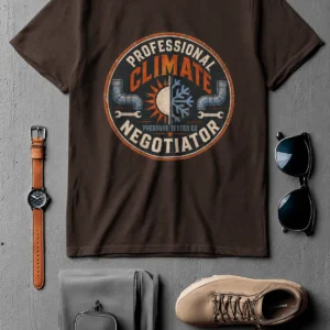 Funny HVAC Shirt, "Professional Climate Negotiator" T-Shirt – HVAC Service Tech Badge Design — brown t-shirt, flat-lay product photo | Pressure Tested Co