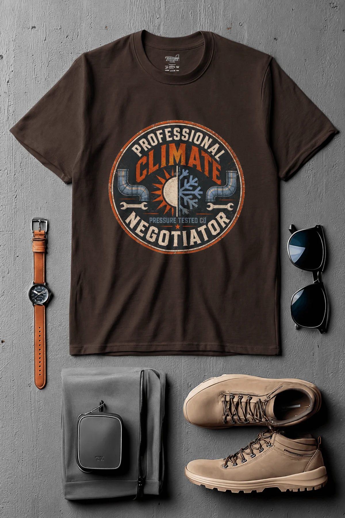 Funny HVAC Shirt, "Professional Climate Negotiator" T-Shirt – HVAC Service Tech Badge Design — brown t-shirt, flat-lay product photo | Pressure Tested Co