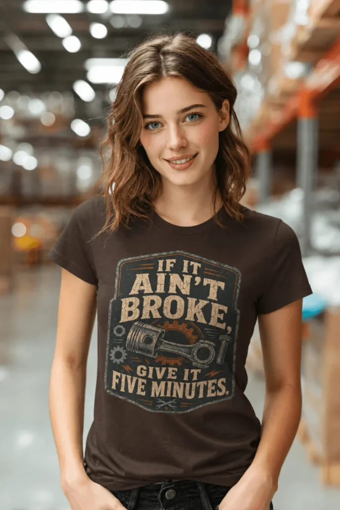 T-Shirt — "If It Ain't Broke, Give It Five Minutes" Vintage Mechanic Tee — brown t-shirt, model photo | Pressure Tested Co