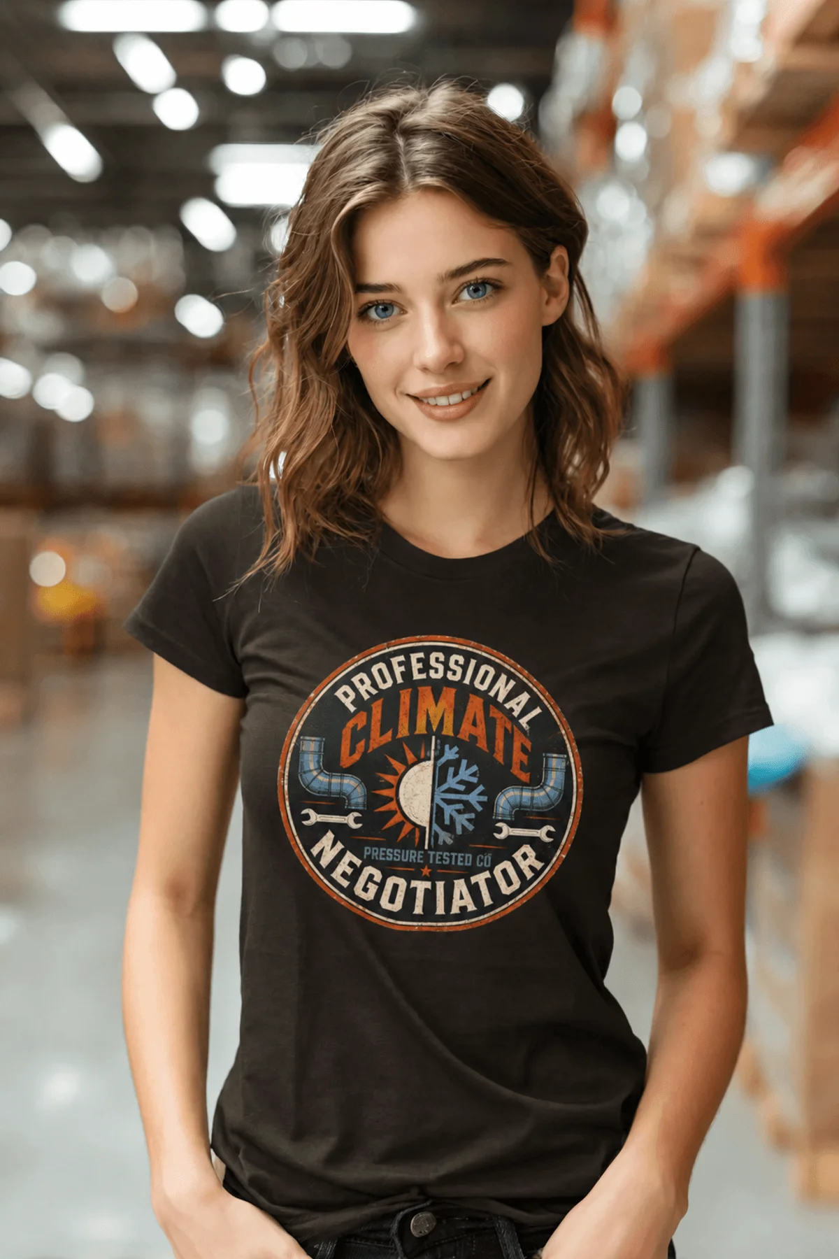 Funny HVAC Shirt, "Professional Climate Negotiator" T-Shirt – HVAC Service Tech Badge Design — brown t-shirt, model photo | Pressure Tested Co