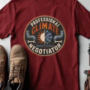Funny HVAC Shirt, "Professional Climate Negotiator" T-Shirt – HVAC Service Tech Badge Design — cardinal t-shirt, flat-lay product photo | Pressure Tested Co
