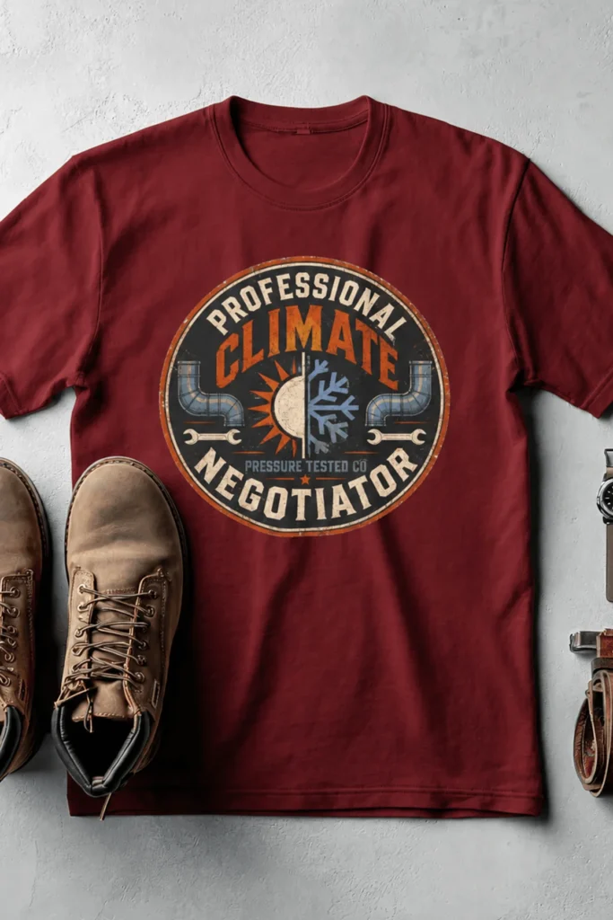 Funny HVAC Shirt, "Professional Climate Negotiator" T-Shirt – HVAC Service Tech Badge Design — cardinal t-shirt, flat-lay product photo | Pressure Tested Co