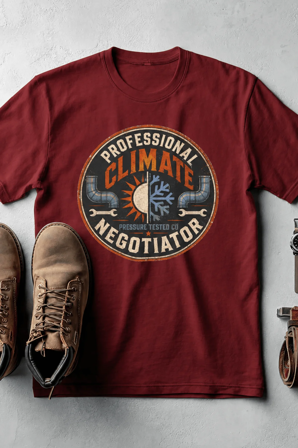 Funny HVAC Shirt, "Professional Climate Negotiator" T-Shirt – HVAC Service Tech Badge Design — cardinal t-shirt, flat-lay product photo | Pressure Tested Co