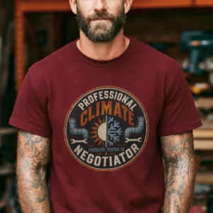 Funny HVAC Shirt, "Professional Climate Negotiator" T-Shirt – HVAC Service Tech Badge Design — cardinal t-shirt, model photo | Pressure Tested Co