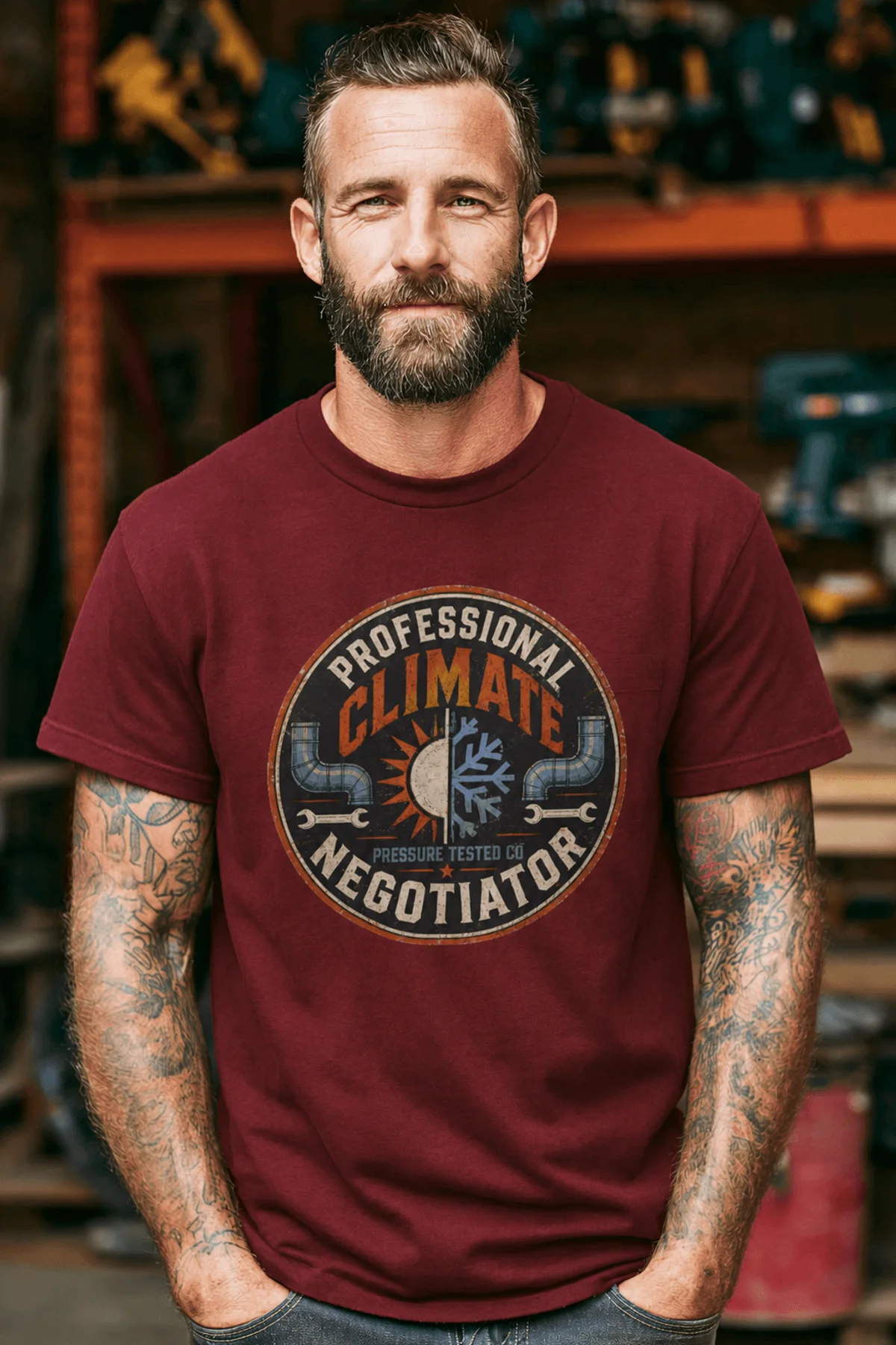 Funny HVAC Shirt, "Professional Climate Negotiator" T-Shirt – HVAC Service Tech Badge Design — cardinal t-shirt, model photo | Pressure Tested Co