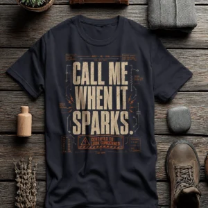 Call Me When It Sparks Graphic Tee — Vintage Industrial Spark Design — dark-grey t-shirt, flat-lay product photo | Pressure Tested Co