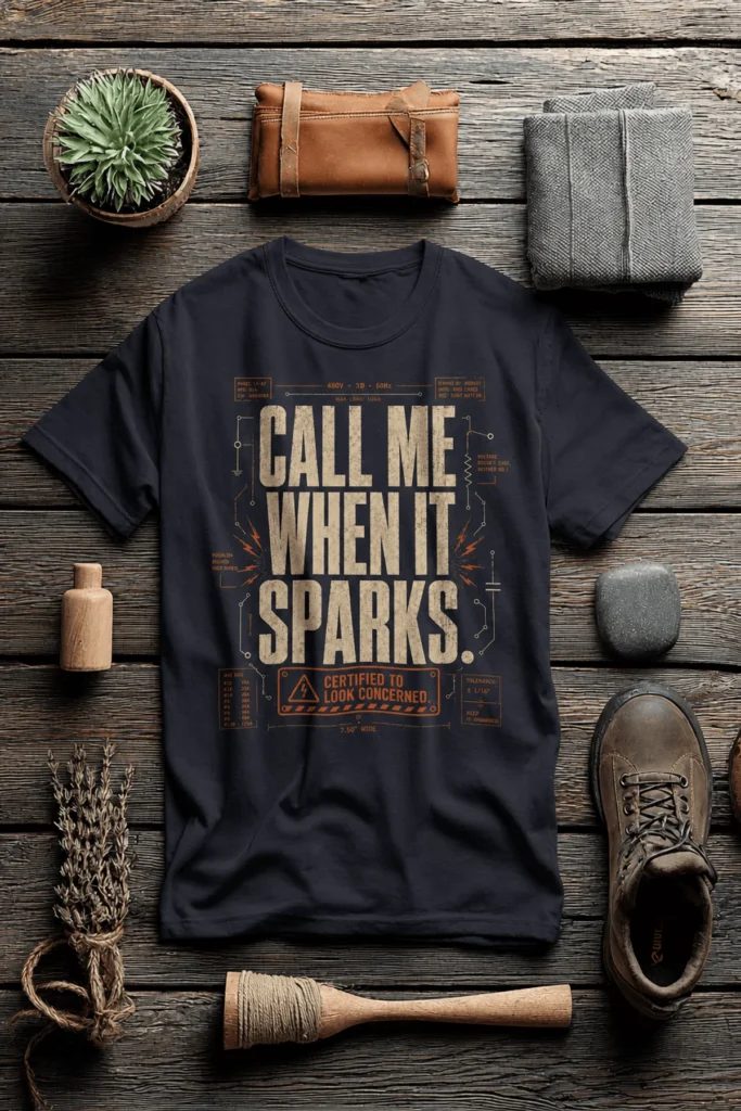 Call Me When It Sparks Graphic Tee — Vintage Industrial Spark Design — dark-grey t-shirt, flat-lay product photo | Pressure Tested Co