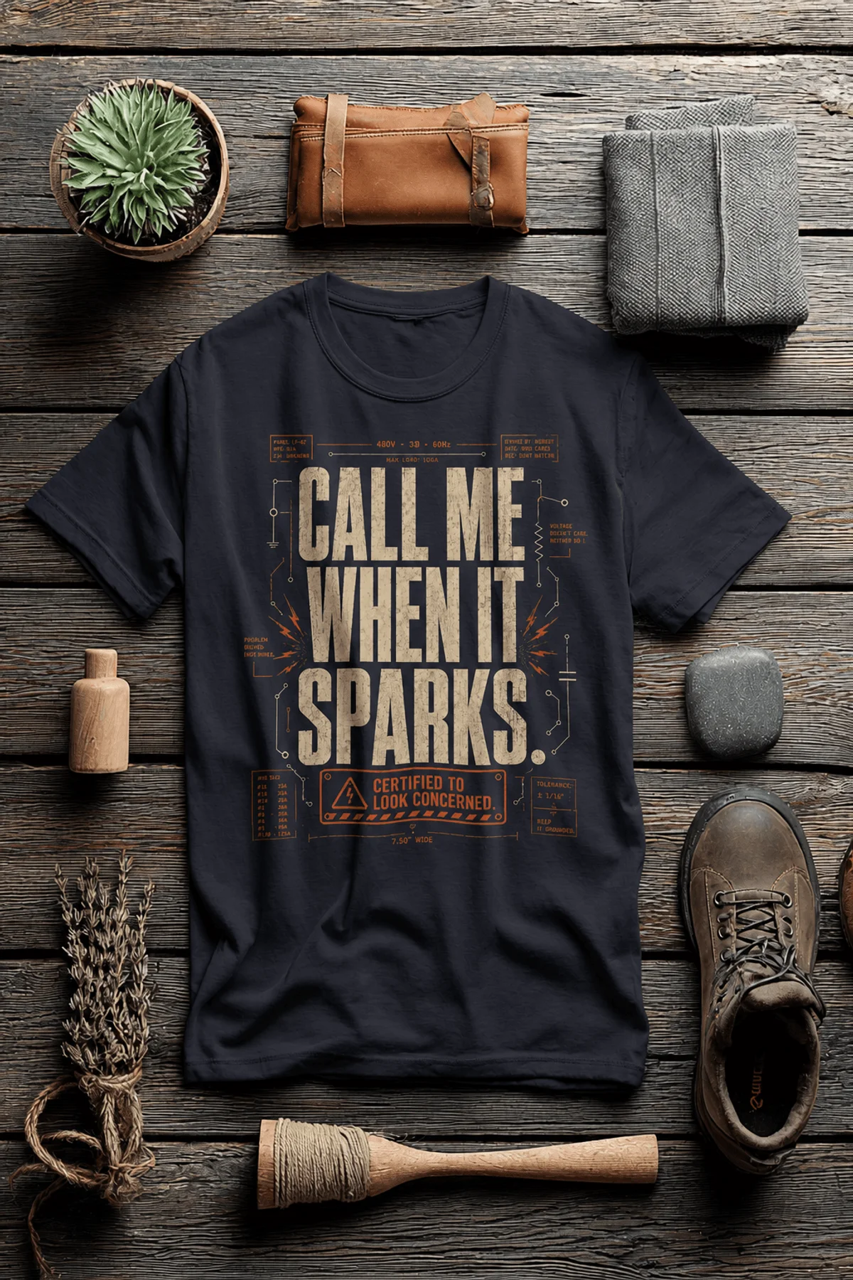Call Me When It Sparks Graphic Tee — Vintage Industrial Spark Design — dark-grey t-shirt, flat-lay product photo | Pressure Tested Co