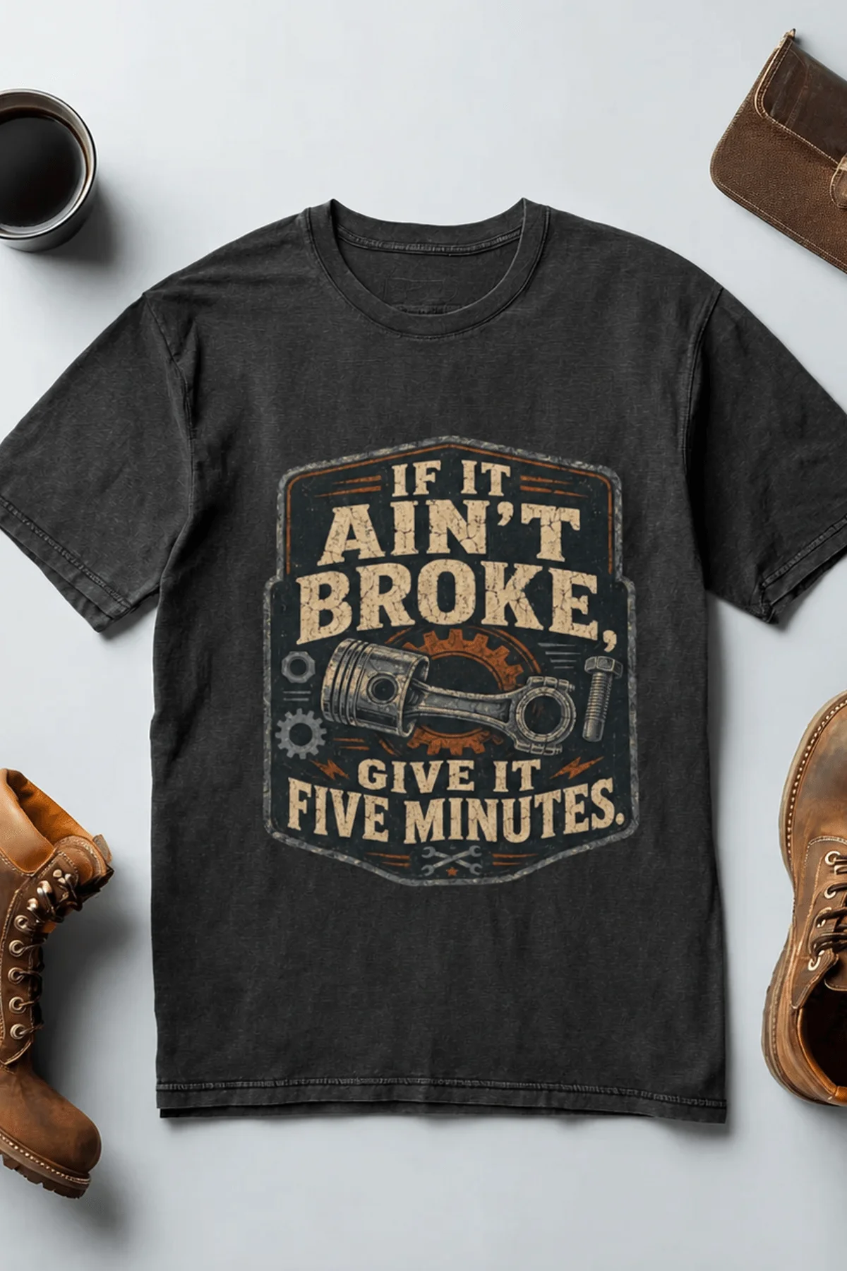 T-Shirt — "If It Ain't Broke, Give It Five Minutes" Vintage Mechanic Tee — dark-grey-heather t-shirt, flat-lay product photo | Pressure Tested Co