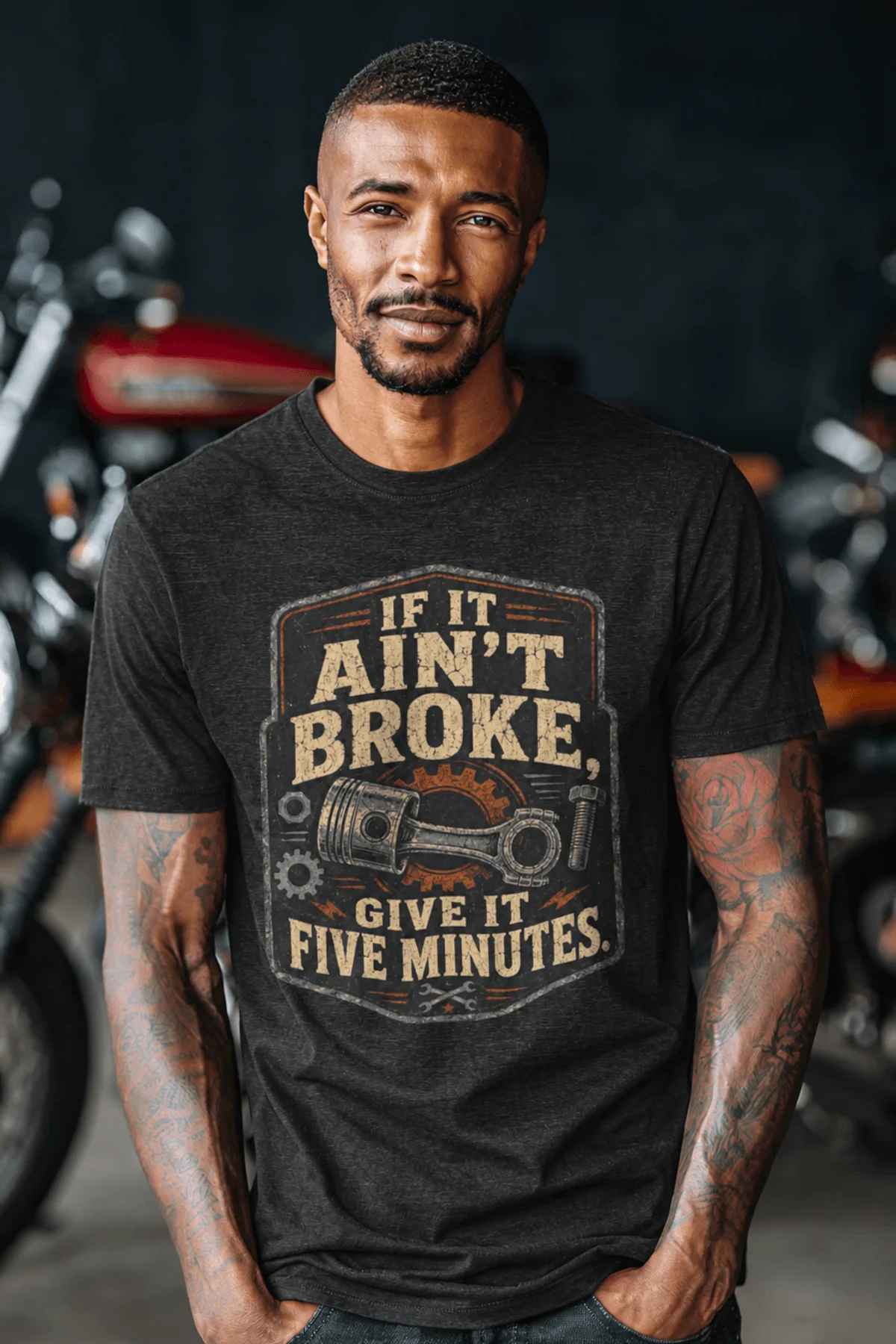 T-Shirt — "If It Ain't Broke, Give It Five Minutes" Vintage Mechanic Tee — dark-grey-heather t-shirt, model photo | Pressure Tested Co